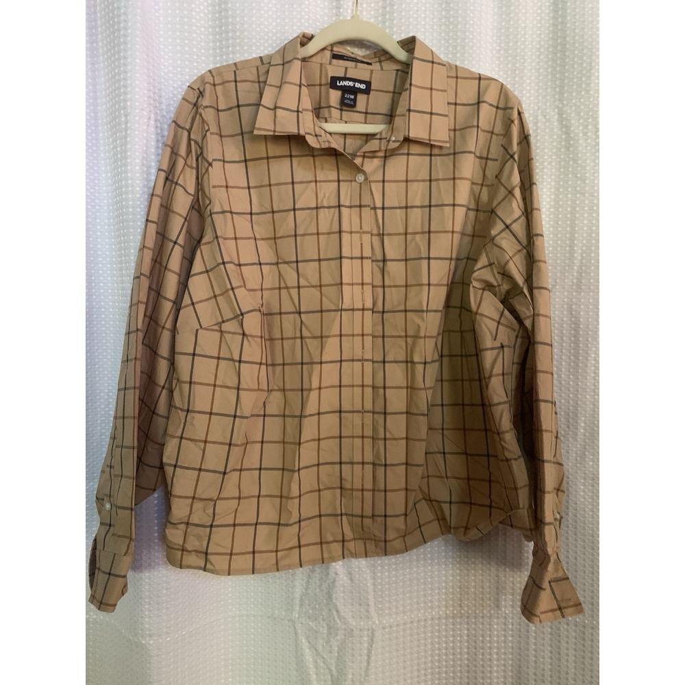 Lands End Women 22 Plus No‎ Iron Supima Brown Striped Blouse